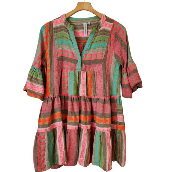 Grace + Karma Dresses & Skirts - Colorful Neon Aztec Geometric Mini Babydoll Dress Bell Sleeves Summer Coquette